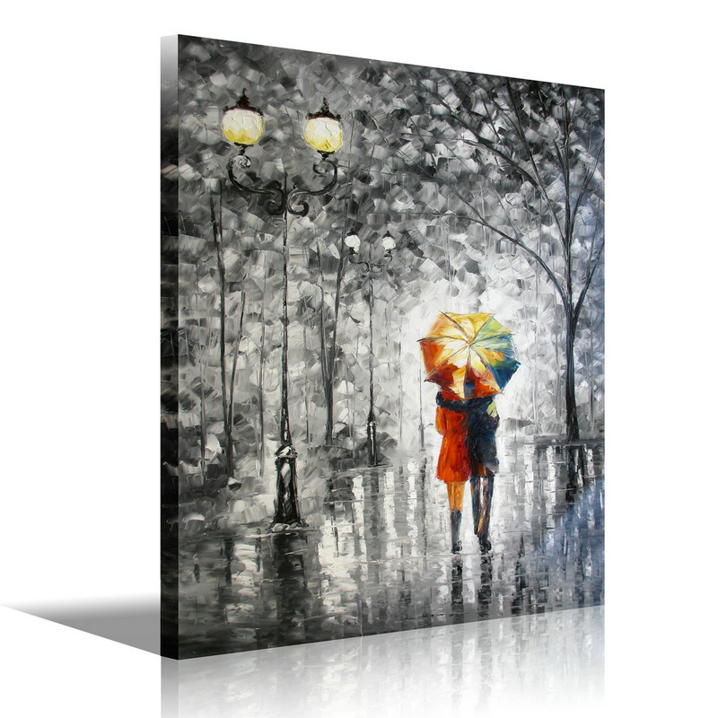 Canvas Art "Lovers under the one umbrella" Palette Knife Painting Black White Red Blue